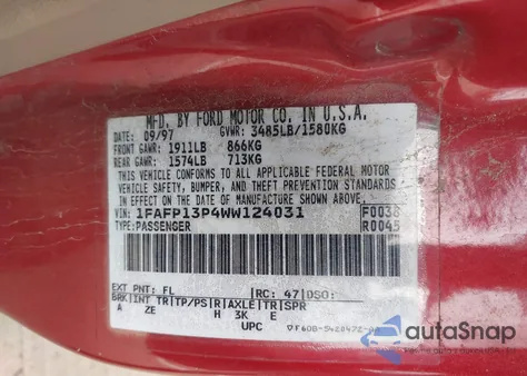 1998 Ford Escort Se from USA, damaged, VIN 1FAFP13P4WW124031